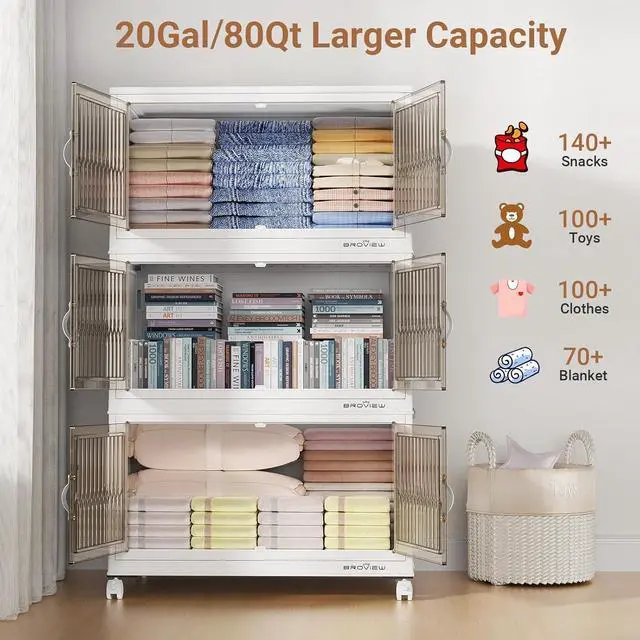 Alt view image 4 of 7 - 400Qt Stackable Storage Bins with Lid, Extra Large Closet Organizer Collapsible Drawer Boxes with Wheels, Folding Plastic Cabinet Containers for Home Kitchen Room Organization, 5Pack White