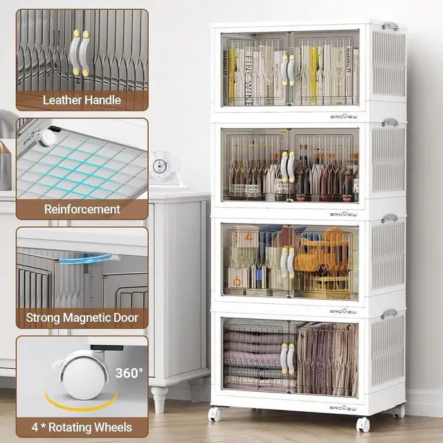 Alt view image 5 of 7 - 400Qt Stackable Storage Bins with Lid, Extra Large Closet Organizer Collapsible Drawer Boxes with Wheels, Folding Plastic Cabinet Containers for Home Kitchen Room Organization, 5Pack White