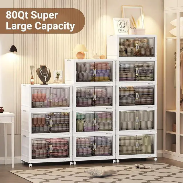 Alt view image 6 of 7 - 400Qt Stackable Storage Bins with Lid, Extra Large Closet Organizer Collapsible Drawer Boxes with Wheels, Folding Plastic Cabinet Containers for Home Kitchen Room Organization, 5Pack White