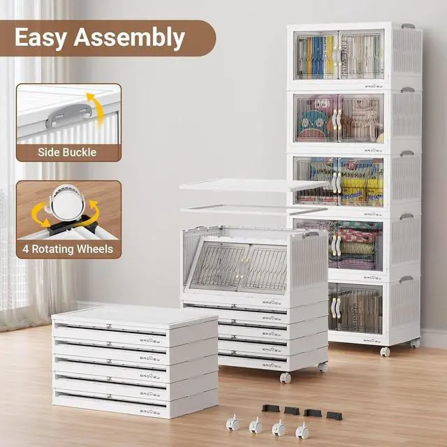 Alt view image 7 of 7 - 400Qt Stackable Storage Bins with Lid, Extra Large Closet Organizer Collapsible Drawer Boxes with Wheels, Folding Plastic Cabinet Containers for Home Kitchen Room Organization, 5Pack White