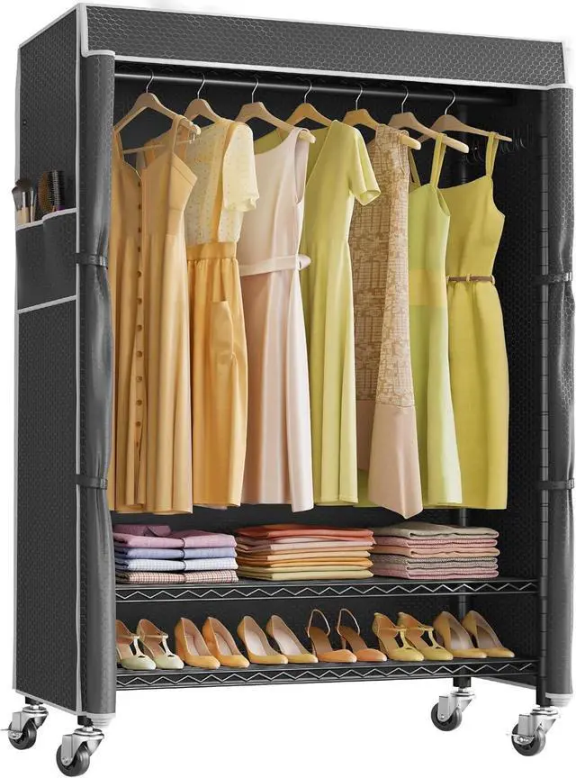 Main image of R3C Plus Garment Rack - Rolling Clothes Rack with Locking Wheels, Heavy Duty Portable Closet with Adjustable Shelves & Side Hooks, Black