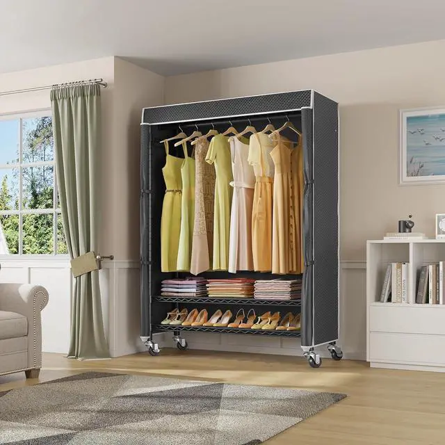 Alt view image 2 of 7 - R3C Plus Garment Rack - Rolling Clothes Rack with Locking Wheels, Heavy Duty Portable Closet with Adjustable Shelves & Side Hooks, Black