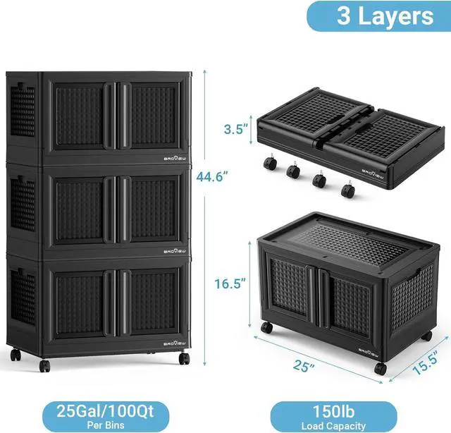 Alt view image 3 of 7 - 300Qt Stackable Storage Bins with Lids, 75Gal Closet Organizers and Storage Drawer, Plastic Collapsible Storage Bins with Doors, Heavy Duty Store Box Cabinet for Home Office, 3Pack Black