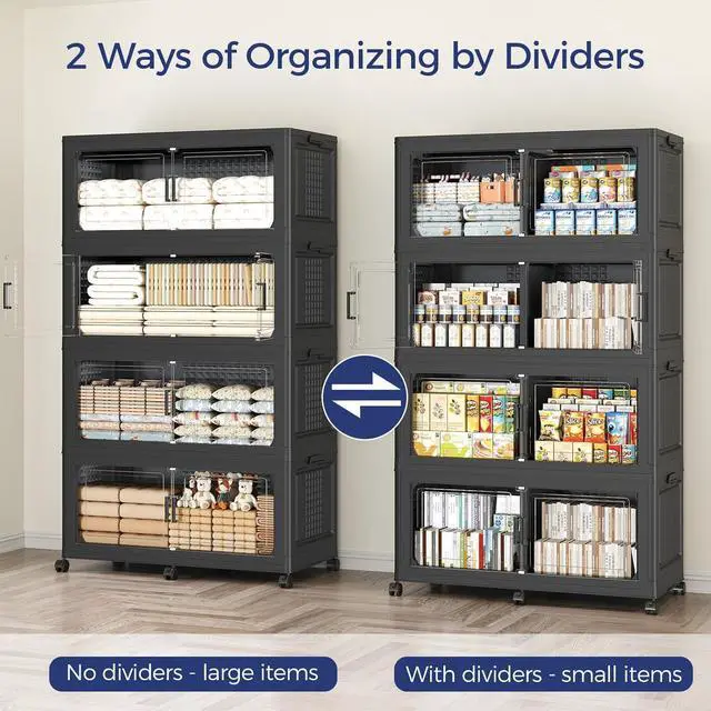 Alt view image 7 of 7 - 200GAL Extra Large Storage Bins with Lid, 800Qt Stackable Closet Organizers and Drawers, Collapsible Storage Bins with Wheels, Folding Storages Cabinet for Home Bedroom Office, 4Pack Black