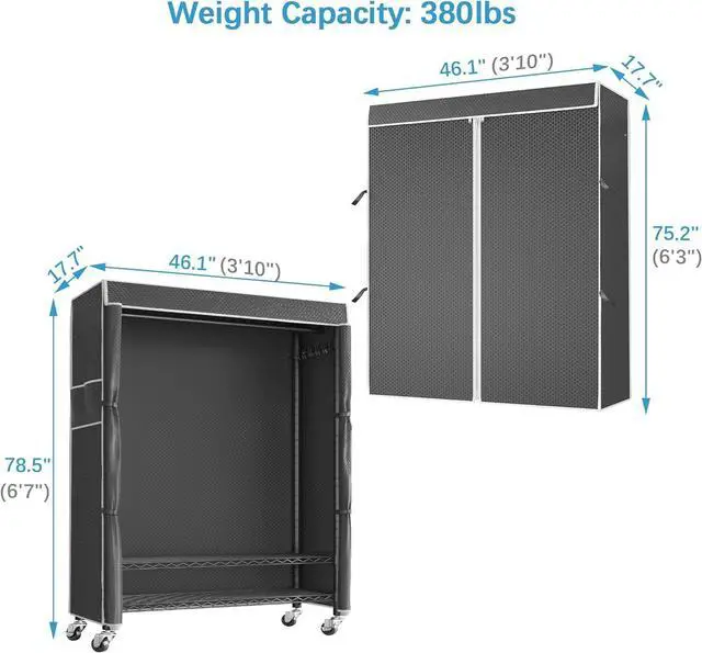 Alt view image 6 of 7 - R3C Plus Garment Rack - Rolling Clothes Rack with Locking Wheels, Heavy Duty Portable Closet with Adjustable Shelves & Side Hooks, Black