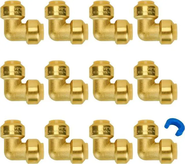 Main image of 1/2 Inch 90 Degree Elbow, Push Pex Elbow 1/2 Inch, No Lead Brass Push-to-Connect Plumbing Fittings for PEX Pipe, Copper, CPVC, with 1 Disconnect Clip, Pack of 12