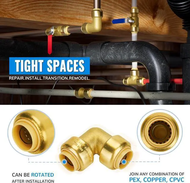 Alt view image 4 of 7 - 1/2 Inch 90 Degree Elbow, Push Pex Elbow 1/2 Inch, No Lead Brass Push-to-Connect Plumbing Fittings for PEX Pipe, Copper, CPVC, with 1 Disconnect Clip, Pack of 12