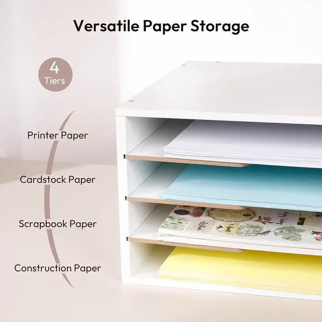 Alt view image 3 of 6 - 12x18 Construction Paper Organizer, 4-Tiers Paper Storage Shelf, Wooden Desk Organizer, File Holder and Letter Tray for Office, Home, Classroom