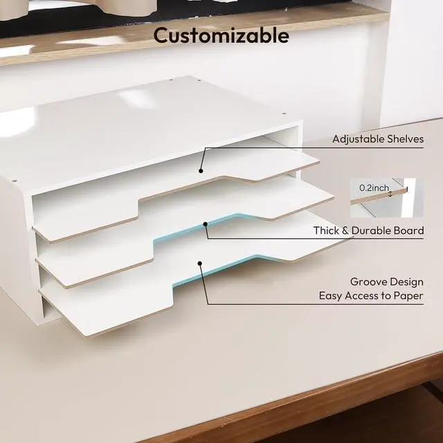 Alt view image 4 of 6 - 12x18 Construction Paper Organizer, 4-Tiers Paper Storage Shelf, Wooden Desk Organizer, File Holder and Letter Tray for Office, Home, Classroom