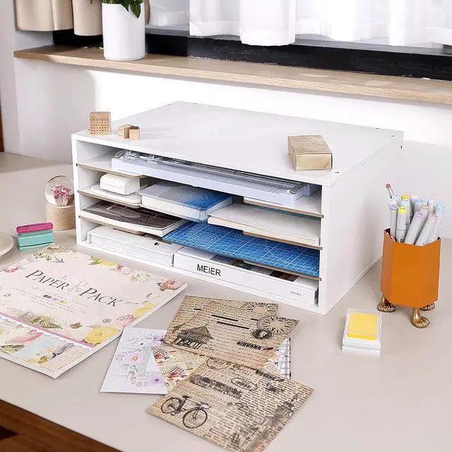Alt view image 6 of 6 - 12x18 Construction Paper Organizer, 4-Tiers Paper Storage Shelf, Wooden Desk Organizer, File Holder and Letter Tray for Office, Home, Classroom