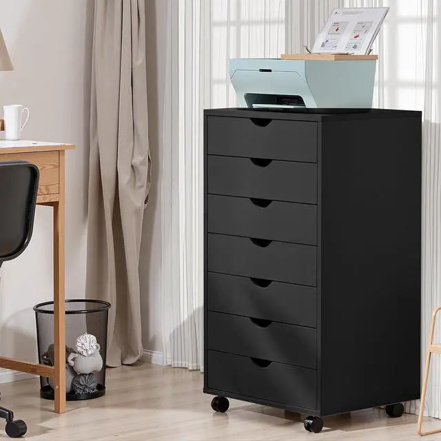 Alt view image 5 of 5 - 7 Drawer Mobile File Cabinet Under Desk Storage Organization with Wheels Vertical Filing Chest Rolling Wood Small Desk Printer Stand for Home Office, 15.75"D x 18.74"W x 34.25"H, Black