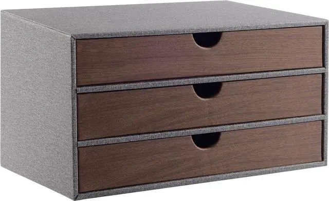 Main image of Cloth-effect Faux Leather Desk Organizer File Cabinet Executive Office Supplies Desktop Filing A4 Contract Document Stackable Storage Box with 3 Drawers (Grey)
