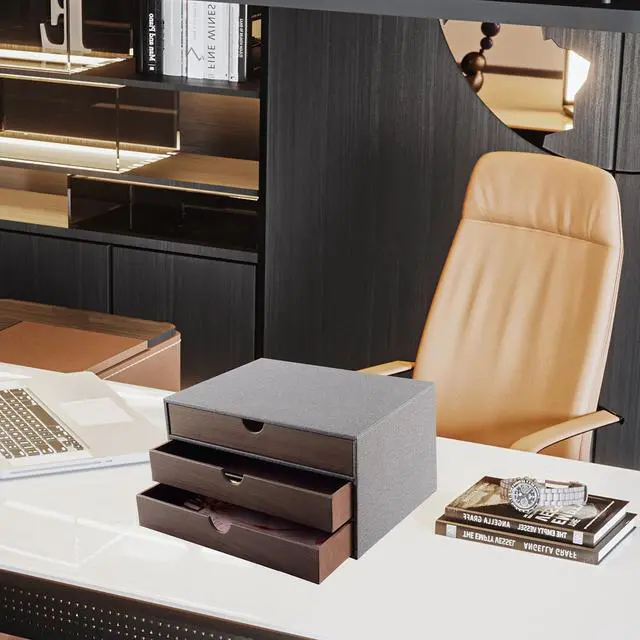 Alt view image 2 of 7 - Cloth-effect Faux Leather Desk Organizer File Cabinet Executive Office Supplies Desktop Filing A4 Contract Document Stackable Storage Box with 3 Drawers (Grey)