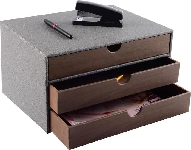 Alt view image 4 of 7 - Cloth-effect Faux Leather Desk Organizer File Cabinet Executive Office Supplies Desktop Filing A4 Contract Document Stackable Storage Box with 3 Drawers (Grey)