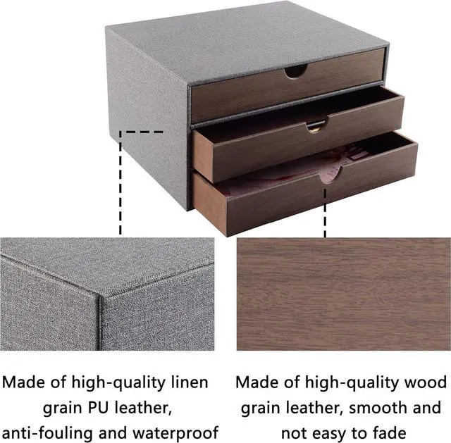 Alt view image 6 of 7 - Cloth-effect Faux Leather Desk Organizer File Cabinet Executive Office Supplies Desktop Filing A4 Contract Document Stackable Storage Box with 3 Drawers (Grey)