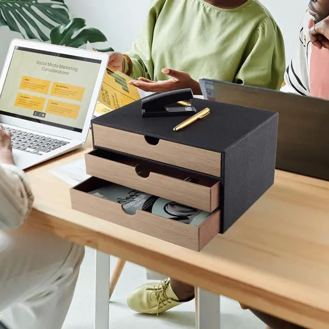 Alt view image 2 of 7 - Fashion Multicolor Collocation Leather Desk Organizer File Cabinet Executive Office Supplies Desktop Filing A4 Contract Document Stackable Storage Box with 3 Drawers (Black)