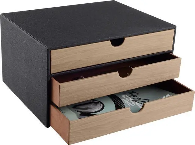 Alt view image 4 of 7 - Fashion Multicolor Collocation Leather Desk Organizer File Cabinet Executive Office Supplies Desktop Filing A4 Contract Document Stackable Storage Box with 3 Drawers (Black)