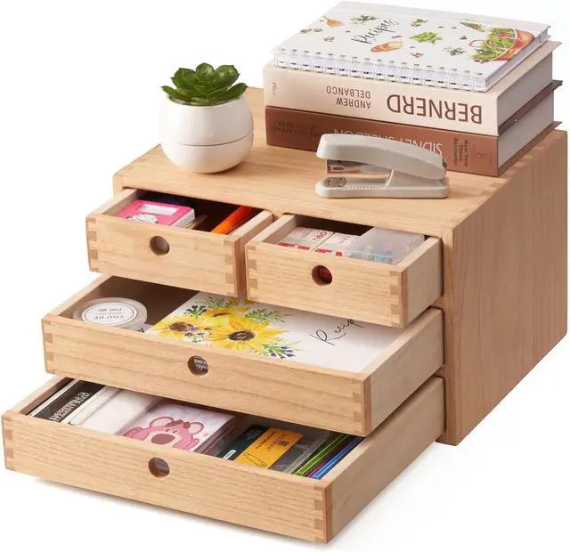 Main image of Natural Wood Desktop Organizers with Drawers - Home Workspace Office Supplies Wooden Storage Box Shelf Case - Hold Makeup Box (NA, 3-Layer &4 Drawers)