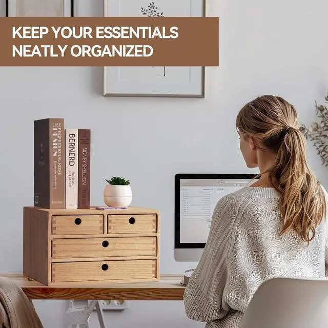 Alt view image 2 of 7 - Natural Wood Desktop Organizers with Drawers - Home Workspace Office Supplies Wooden Storage Box Shelf Case - Hold Makeup Box (NA, 3-Layer &4 Drawers)