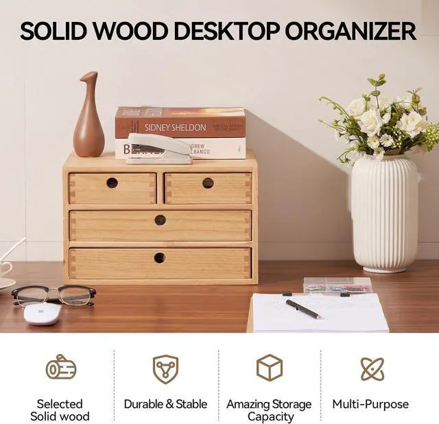 Alt view image 4 of 7 - Natural Wood Desktop Organizers with Drawers - Home Workspace Office Supplies Wooden Storage Box Shelf Case - Hold Makeup Box (NA, 3-Layer &4 Drawers)
