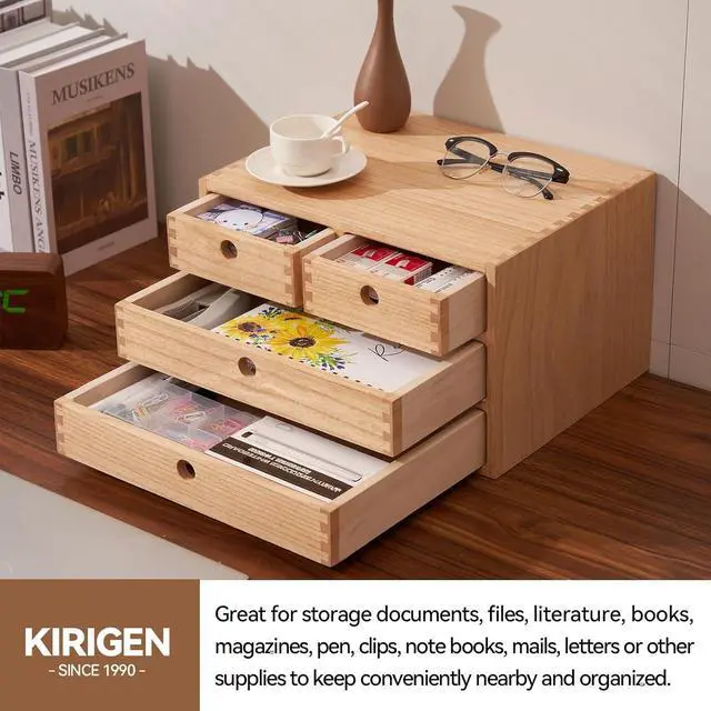 Alt view image 5 of 7 - Natural Wood Desktop Organizers with Drawers - Home Workspace Office Supplies Wooden Storage Box Shelf Case - Hold Makeup Box (NA, 3-Layer &4 Drawers)