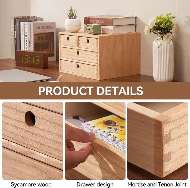 Alt view image 6 of 7 - Natural Wood Desktop Organizers with Drawers - Home Workspace Office Supplies Wooden Storage Box Shelf Case - Hold Makeup Box (NA, 3-Layer &4 Drawers)