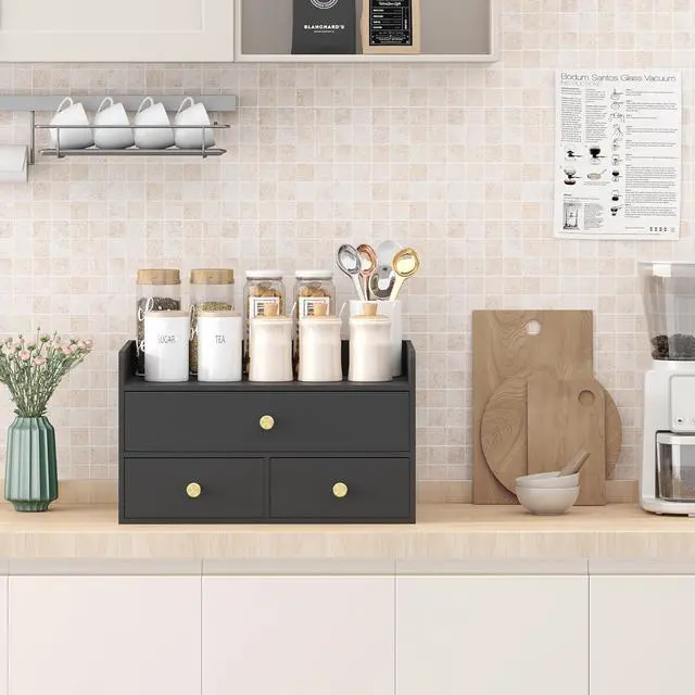 Alt view image 2 of 7 - Bamboo Desk Organizer with Drawers Wooden Desktop Storage Drawers for Bills Office Supplies Kitchen Utensils Organizing Tool for Home Classroom Organization No Assembly (3 Drawers, Black)