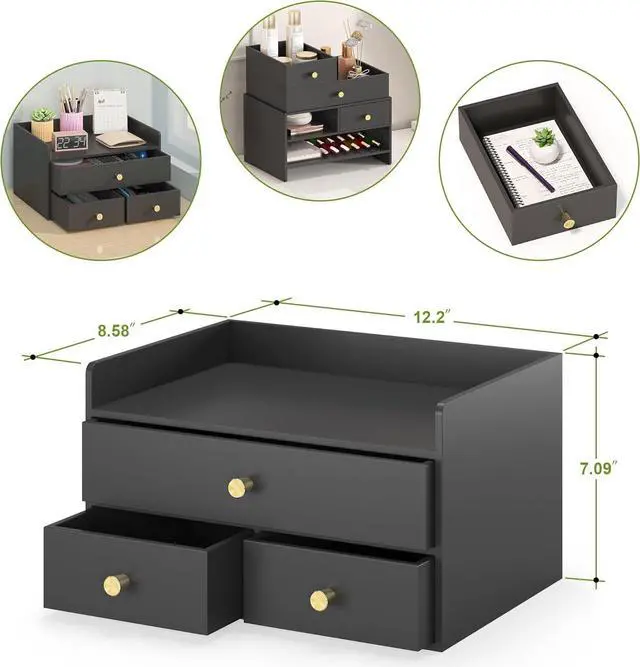 Alt view image 3 of 7 - Bamboo Desk Organizer with Drawers Wooden Desktop Storage Drawers for Bills Office Supplies Kitchen Utensils Organizing Tool for Home Classroom Organization No Assembly (3 Drawers, Black)