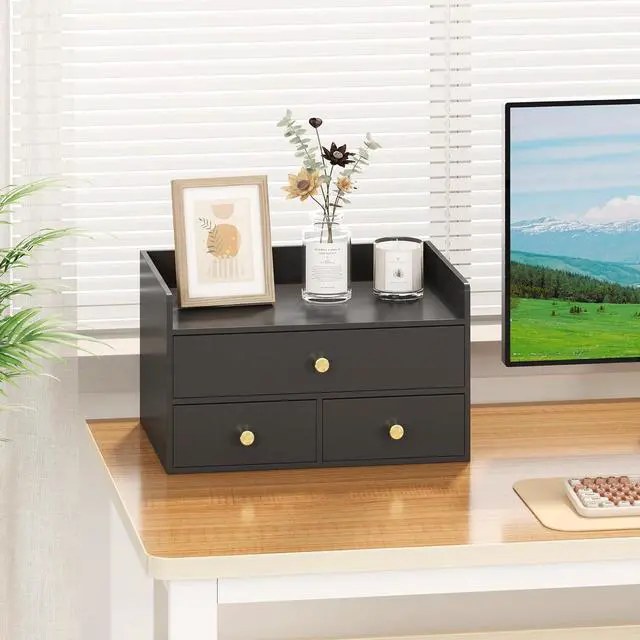 Alt view image 4 of 7 - Bamboo Desk Organizer with Drawers Wooden Desktop Storage Drawers for Bills Office Supplies Kitchen Utensils Organizing Tool for Home Classroom Organization No Assembly (3 Drawers, Black)