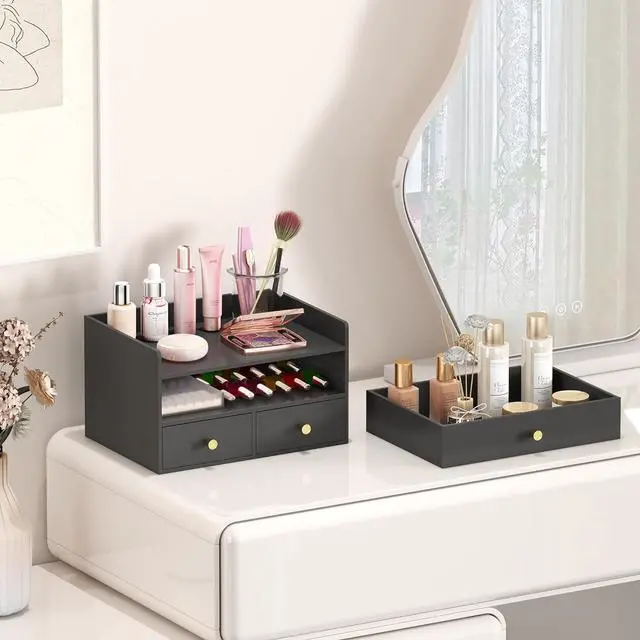 Alt view image 6 of 7 - Bamboo Desk Organizer with Drawers Wooden Desktop Storage Drawers for Bills Office Supplies Kitchen Utensils Organizing Tool for Home Classroom Organization No Assembly (3 Drawers, Black)