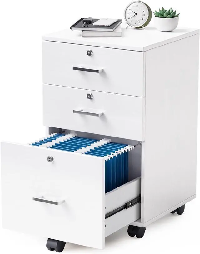 Main image of 3-Drawer File Cabinet with Lock, Wood Rolling Filing Cabinets for Home Office, Mobile Printer Stand, Under Desk File Organizer for Letter Sized Files, 26" H(Caster Included), White