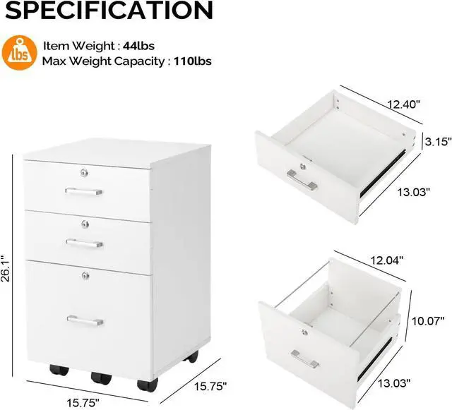 Alt view image 3 of 7 - 3-Drawer File Cabinet with Lock, Wood Rolling Filing Cabinets for Home Office, Mobile Printer Stand, Under Desk File Organizer for Letter Sized Files, 26" H(Caster Included), White