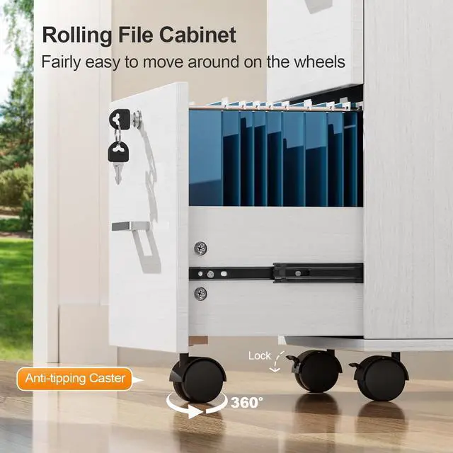 Alt view image 6 of 7 - 3-Drawer File Cabinet with Lock, Wood Rolling Filing Cabinets for Home Office, Mobile Printer Stand, Under Desk File Organizer for Letter Sized Files, 26" H(Caster Included), White