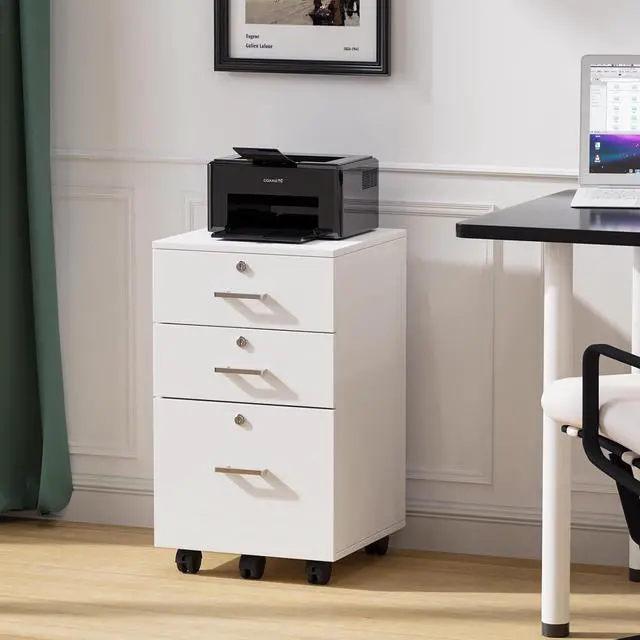 Alt view image 7 of 7 - 3-Drawer File Cabinet with Lock, Wood Rolling Filing Cabinets for Home Office, Mobile Printer Stand, Under Desk File Organizer for Letter Sized Files, 26" H(Caster Included), White
