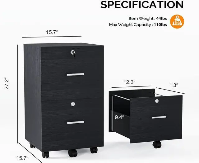 Alt view image 2 of 6 - 2-Drawer File Cabinet with Lock, Small Rolling Wood Filing Cabinet for Hanging Letter Size Filings with Tabs, Mobile Under Desk File Organizer for Home Office, Classic Black, 27.2" H