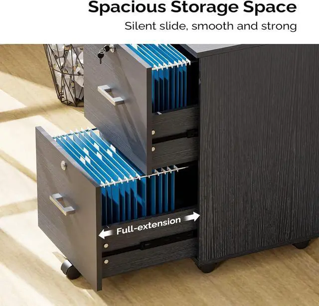 Alt view image 3 of 6 - 2-Drawer File Cabinet with Lock, Small Rolling Wood Filing Cabinet for Hanging Letter Size Filings with Tabs, Mobile Under Desk File Organizer for Home Office, Classic Black, 27.2" H