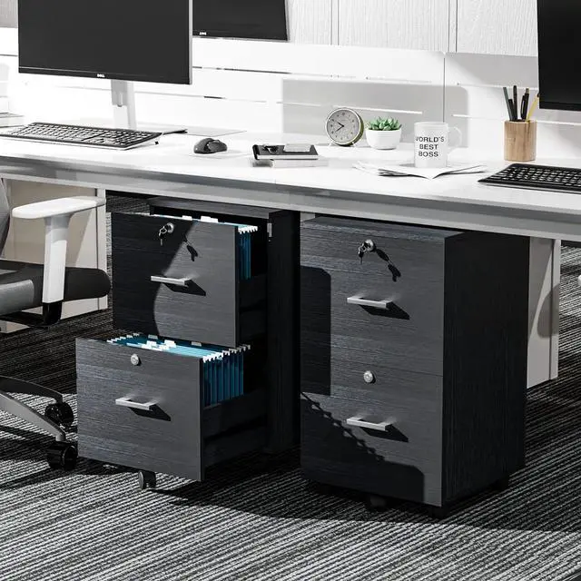 Alt view image 6 of 6 - 2-Drawer File Cabinet with Lock, Small Rolling Wood Filing Cabinet for Hanging Letter Size Filings with Tabs, Mobile Under Desk File Organizer for Home Office, Classic Black, 27.2" H