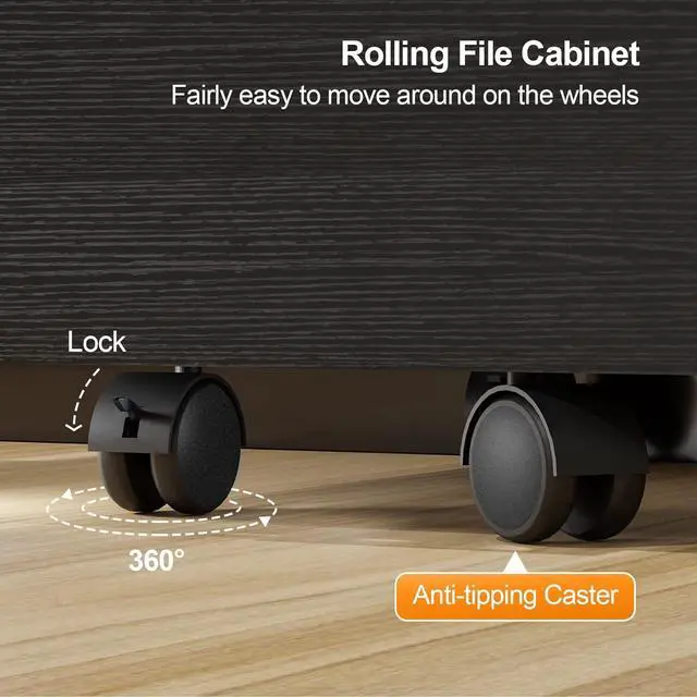 Alt view image 5 of 6 - 2-Drawer File Cabinet with Lock, Small Rolling Wood Filing Cabinet for Hanging Letter Size Filings with Tabs, Mobile Under Desk File Organizer for Home Office, Classic Black, 27.2" H