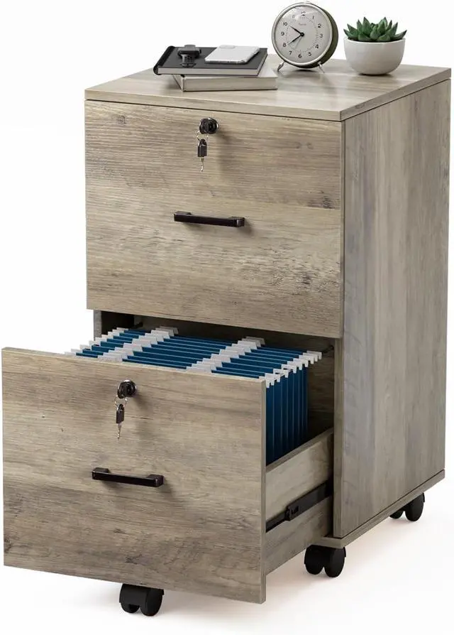 Main image of 2 Drawer File Cabinet with Lock, Wood Rustic Gray Filing Cabinet for Letter Size File Folders with Tabs, Under Desk Rolling File Cabinets for Home Office, Mobile File Organization Printer Stand