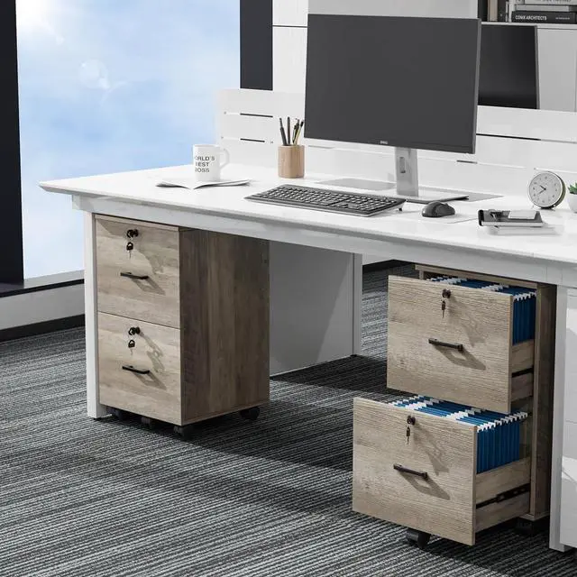 Alt view image 2 of 7 - 2 Drawer File Cabinet with Lock, Wood Rustic Gray Filing Cabinet for Letter Size File Folders with Tabs, Under Desk Rolling File Cabinets for Home Office, Mobile File Organization Printer Stand