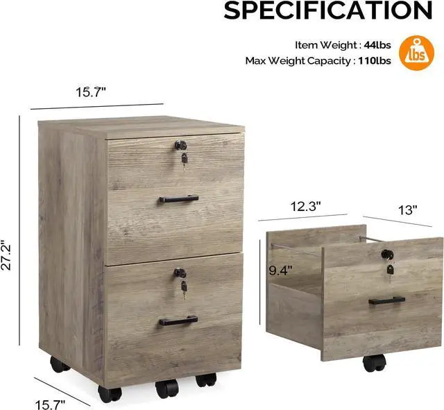 Alt view image 3 of 7 - 2 Drawer File Cabinet with Lock, Wood Rustic Gray Filing Cabinet for Letter Size File Folders with Tabs, Under Desk Rolling File Cabinets for Home Office, Mobile File Organization Printer Stand