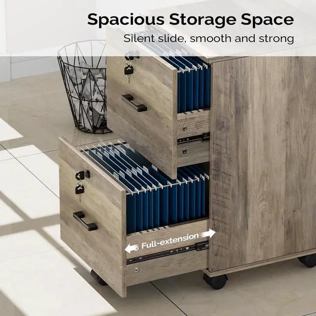 Alt view image 4 of 7 - 2 Drawer File Cabinet with Lock, Wood Rustic Gray Filing Cabinet for Letter Size File Folders with Tabs, Under Desk Rolling File Cabinets for Home Office, Mobile File Organization Printer Stand