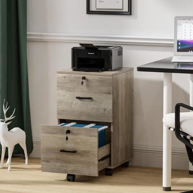 Alt view image 7 of 7 - 2 Drawer File Cabinet with Lock, Wood Rustic Gray Filing Cabinet for Letter Size File Folders with Tabs, Under Desk Rolling File Cabinets for Home Office, Mobile File Organization Printer Stand