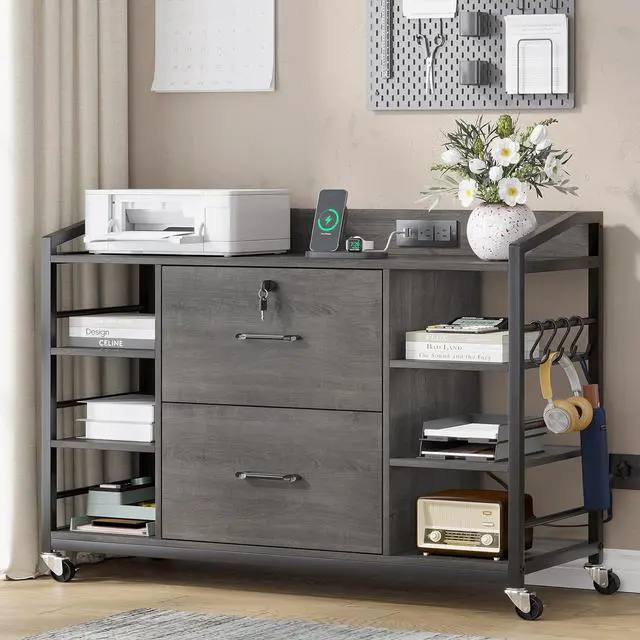 Main image of 44" File Cabinet, Filing Cabinet fits Legal/Letter Size, 2 Drawer File Cabinets for Home Office with Lock, Power Strip, 6 Storage Shelves, Grey