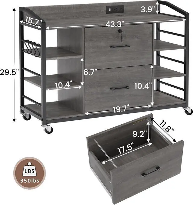 Alt view image 2 of 7 - 44" File Cabinet, Filing Cabinet fits Legal/Letter Size, 2 Drawer File Cabinets for Home Office with Lock, Power Strip, 6 Storage Shelves, Grey