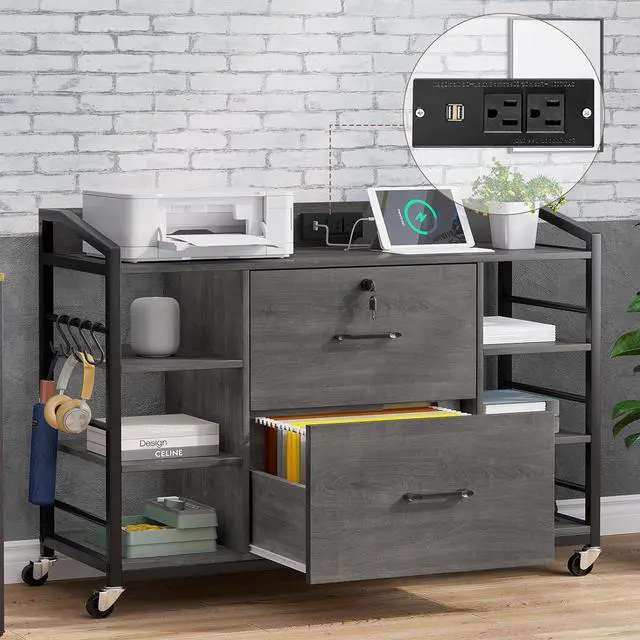 Alt view image 3 of 7 - 44" File Cabinet, Filing Cabinet fits Legal/Letter Size, 2 Drawer File Cabinets for Home Office with Lock, Power Strip, 6 Storage Shelves, Grey