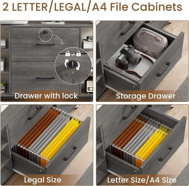 Alt view image 4 of 7 - 44" File Cabinet, Filing Cabinet fits Legal/Letter Size, 2 Drawer File Cabinets for Home Office with Lock, Power Strip, 6 Storage Shelves, Grey