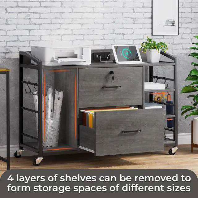 Alt view image 6 of 7 - 44" File Cabinet, Filing Cabinet fits Legal/Letter Size, 2 Drawer File Cabinets for Home Office with Lock, Power Strip, 6 Storage Shelves, Grey