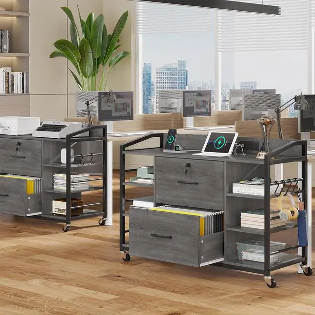 Alt view image 7 of 7 - 44" File Cabinet, Filing Cabinet fits Legal/Letter Size, 2 Drawer File Cabinets for Home Office with Lock, Power Strip, 6 Storage Shelves, Grey