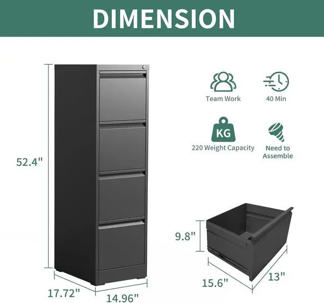 Alt view image 3 of 6 - 4 Drawer File Cabinet with Lock,Metal Vertical Filing Cabinets for Home Office,Heavy Duty File Storage Cabinet for Letter/Legal/A4/F4 Size File,Assembly Require (Black, Vertical 4 Drawer)
